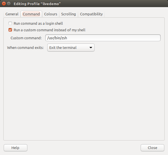 Ubuntu Terminal - Profile Preferences - Custom Command - Zsh