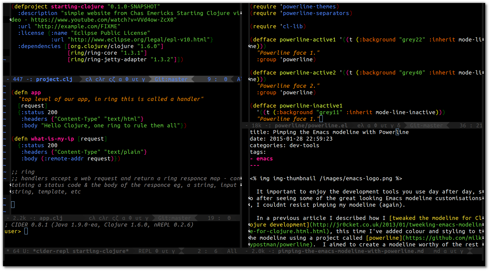 Emacs powerline - default theme with active and inactive windows