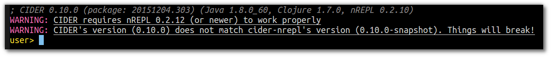 Clojure REPL - CIDER and cider-nrepl version mis-match